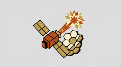 A stylized satellite with solar panels and a hexagonal mirror array emits an orange beam ending in a starburst.