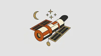 A space telescope with solar panels, a crescent moon, and four stars.
