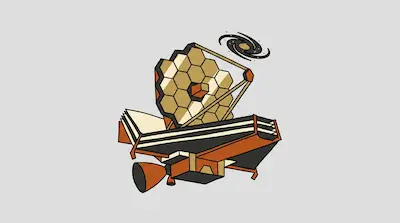 A stylized James Webb Space Telescope with gold hexagonal mirrors and a spiral galaxy.
