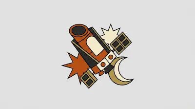 A stylized orange and black space telescope with solar panels, a crescent moon, and starburst shapes.