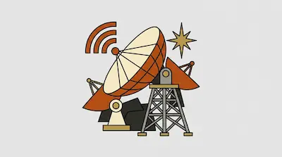Flat illustration of orange and cream satellite dishes on a metal tower with signal waves and a star on a gray background