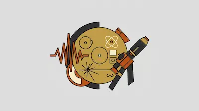 A stylized graphic featuring a gold disc with scientific diagrams, an orange waveform, and a telescope.