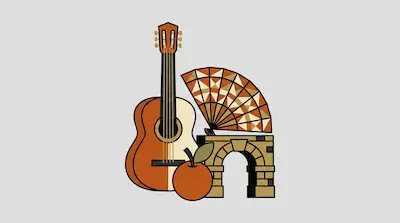 A classical guitar, a patterned hand fan, an orange, and a stone archway.
