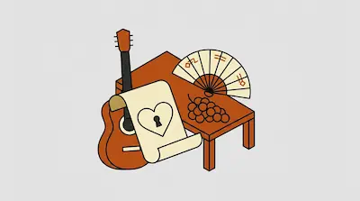 A guitar, a scroll with a heart and keyhole, a bunch of grapes, and a folding fan are arranged around a small table.