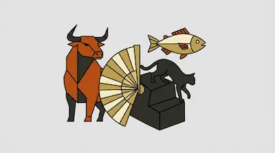A geometric bull, a folding fan, a fish, and a black cat walking down steps.