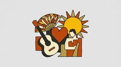A geometric composition of a guitar, a heart, a sun, a fan, and a simplified human figure in shades of orange, yellow, and cream.