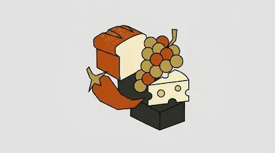 A loaf of bread, a bunch of grapes, a wedge of Swiss cheese, and a chili pepper are arranged on dark blocks.