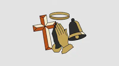 A stylized cross, halo, praying hands, and bell grouped together.