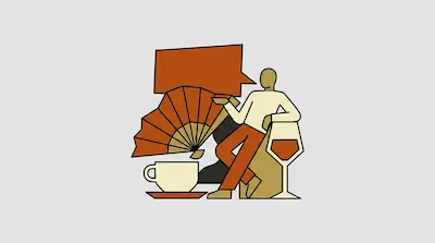 A person sits surrounded by a large folding fan, a coffee cup, a wine glass, and a speech bubble.