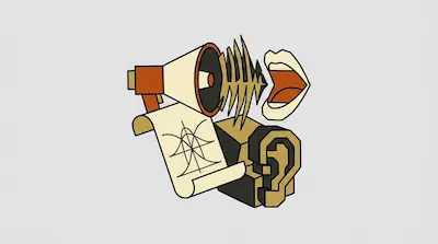 A megaphone, sound waves, an open mouth, an ear, and a scroll with a line graph are clustered together.