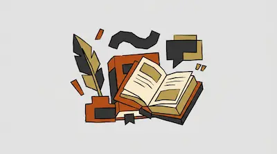 An open book rests on a closed book next to a quill and inkwell, surrounded by speech bubbles and abstract shapes.