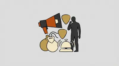 A megaphone, a silhouette of a person, two guitar picks, a service bell, and two pouches are grouped together.