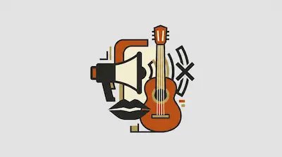 A megaphone, an acoustic guitar, and a pair of lips are arranged in a stylized graphic composition.