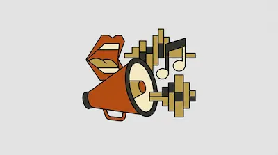 A stylized orange megaphone, an open mouth, musical notes, and vertical sound wave bars.