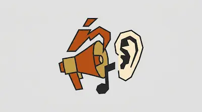 A stylized orange megaphone and a black musical note next to a tan ear.