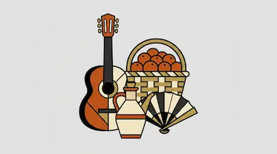 A guitar, a basket of oranges, a ceramic jug, and a folding fan are grouped together in a stylized graphic.