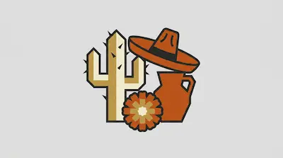 A stylized cactus, sombrero, clay jug, and flower in shades of orange and tan.