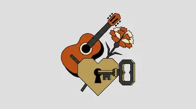 A guitar, a carnation, and a heart-shaped lock with a key inserted into it.