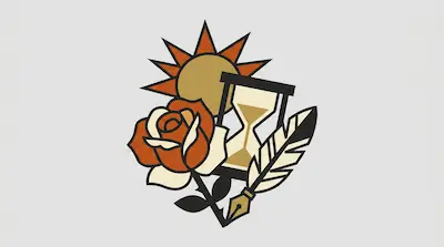 A stylized graphic featuring a sun, an hourglass, a rose, and a quill pen in orange, gold, and cream tones with bold black outlines.