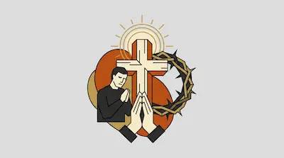 A cross with a sunburst behind it, surrounded by a man praying, a crown of thorns, and a pair of praying hands.