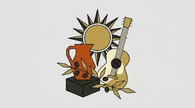 A sun, a guitar, an orange pitcher, and olive branches arranged in a stylized composition.