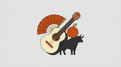 A guitar, an open hand fan, an orange, and a bull are grouped together.
