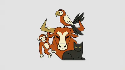 A stylized bull's head with a parrot perched on its horn, a monkey hanging from its other horn, and a black cat sitting in front.