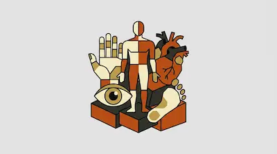 A stylized human figure, a hand, an eye, a heart, and a foot arranged in a geometric composition.