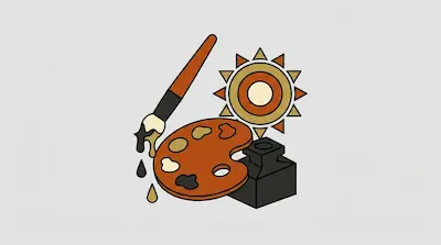 A paintbrush dripping paint, a palette, and an inkwell are grouped with a stylized sun.