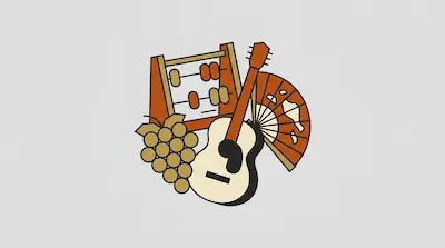 A stylized graphic featuring an abacus, a guitar, a bunch of grapes, and a folding fan.