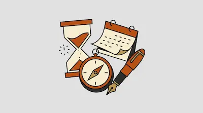 An hourglass, a calendar, a compass, and a fountain pen are grouped together.
