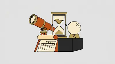 A telescope, an hourglass, a globe, and a calendar scroll are grouped together.