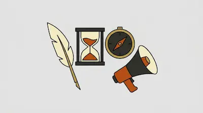 A quill pen, an hourglass, a compass, and a megaphone are grouped together.