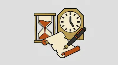 An hourglass, an analog clock, a scroll of paper, and a fountain pen.