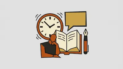 A person sits at a desk with an open book, a large clock, a speech bubble, and a fountain pen.