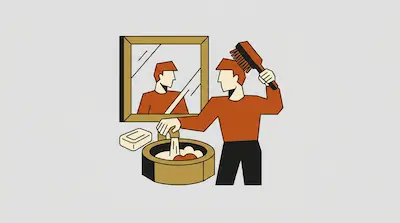 A person brushes their hair while holding their other hand under a running faucet in a bathroom sink.