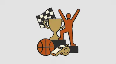 A checkered flag, a trophy, a basketball, a whistle, and a person standing on a podium with arms raised.