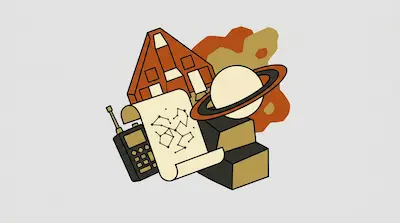 A collection of space-themed objects including a ringed planet, a star map, a walkie-talkie, and a spacecraft.