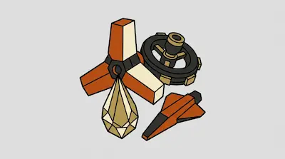 A collection of stylized geometric objects including a three-pronged orange shape, a black ring with gold accents, a faceted gold crystal, and a small orange triangular piece.