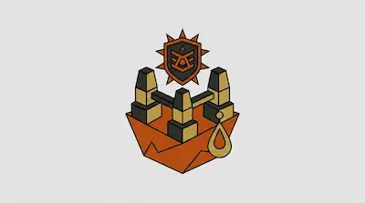 A geometric emblem featuring three pillars on an orange base, topped with a black shield and sunburst.