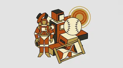 A stylized collection of orange and tan objects including an astronaut, a baseball, an hourglass, and geometric shapes.