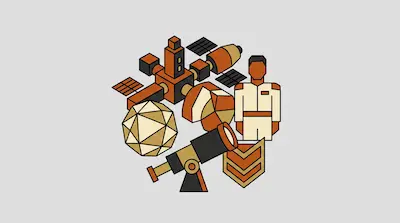 Isometric icons of a space station, an astronaut, a telescope, a geodesic sphere, a pie chart, and a rank insignia.