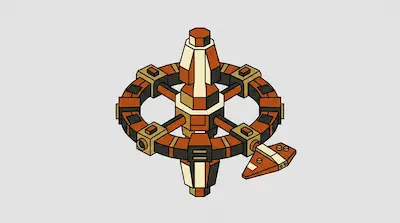 An isometric, geometric space station in orange and white with a central spire, a circular ring, and a small docked ship.
