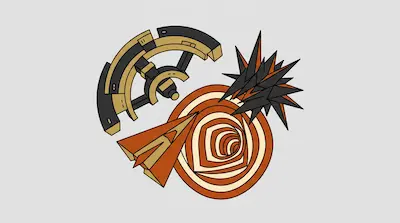 Abstract geometric shapes in gold, black, and orange, including a curved mechanical arc, a spiky starburst, a paper airplane, and a concentric circular tunnel.