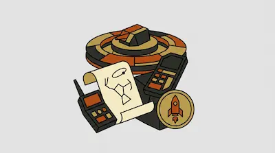 A collection of stylized icons including a turret, a walkie-talkie, a scroll with a drawing, and a rocket coin.