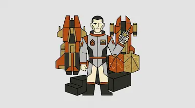 A man in a grey and orange futuristic suit stands in front of two orange spaceships while holding a walkie-talkie.