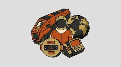 An astronaut in an orange suit surrounded by a spaceship, a planet, and electronic equipment.