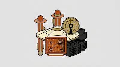 Retro-futuristic space equipment featuring rockets, a radar dish, and a monitor displaying a star map.