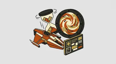 A collection of sci-fi elements including an orange spaceship, a swirling circular portal, an hourglass, and a control panel.
