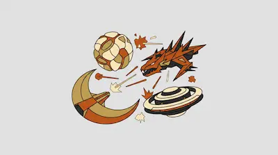 Stylized orange and tan geometric icons of a dragon head, a sphere, a crescent ship, and a ringed disc.